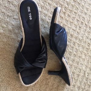 Black leather and natural fiber sandals size 9